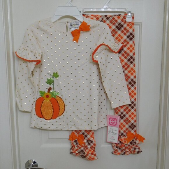 NWT 2pc Rare Editions Polka Dot Pumpkin Tunic Top & Plaid Leggings sz 6x - Picture 1 of 2